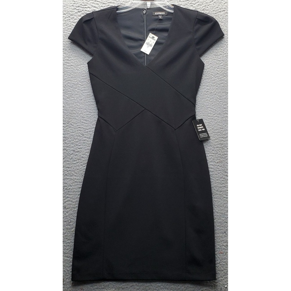 Express Sheath Dress Womens XS Black Lined Stretch Cap Sleeve V-Neck Back Zip